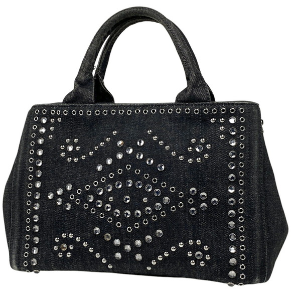 Prada Shoulder Tote Nero Canapa Denim Black Beaded Studs Bag - Picture 1 of 6